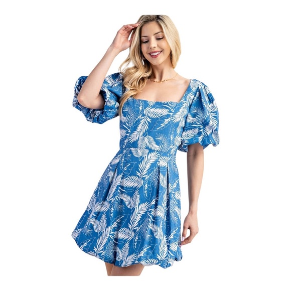 Blue Leaf Print Bubble Hem Puff Sleeve Short Dress - Picture 4 of 8